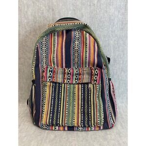 Boho Striped Cotton Backpack Made in Nepal Tribal Design Natural